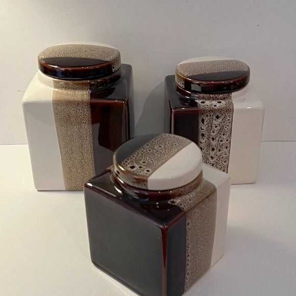 Pier 1 One Tri-Color Canister Set of 3 Three Brown Beige & Tan with Sealing Lids - Picture 1 of 16